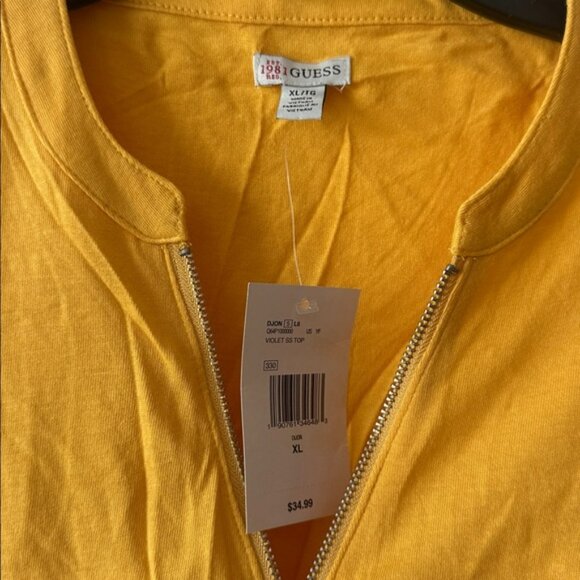 NWT GUESS women’s XL blouse yellow half‎ sleeve business casual top shirt zipper - Picture 2 of 5